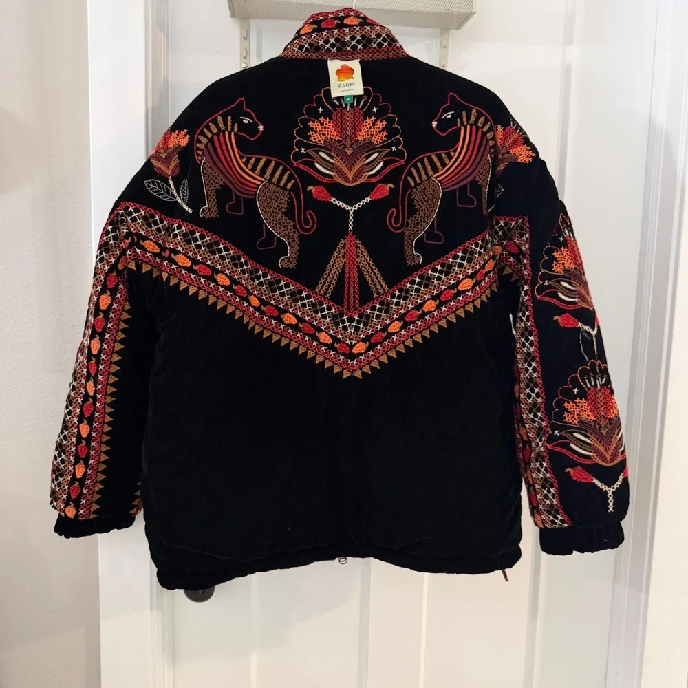 Farm Rio Nature Beauty Reversible Velvet Embroidered Puffer Jacket M Maximalist